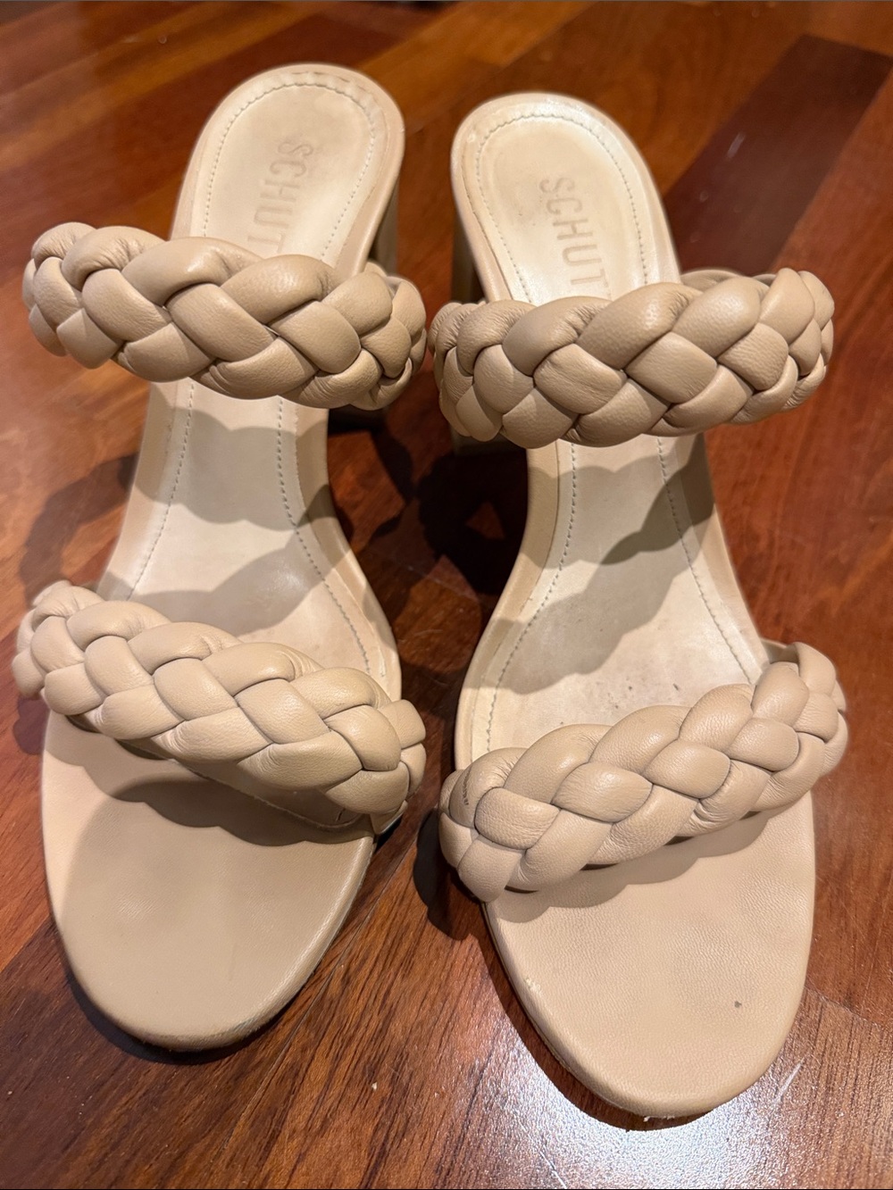 SCHUTZ Braided Double-Strap Heeled Sandals in Beige